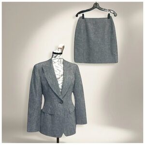 Anne Klein Gray Herringbone Blazer & Skirt Set | Tailored Wool Suit | Size 4